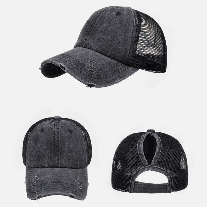 Eohak Distressed Ponytail Hats Baseball for Women Messy-Bun Pony Caps (Black) - Image 4